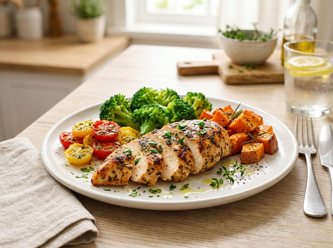 A plate with sliced grilled chicken breast served with broccoli, cherry tomatoes, and roasted sweet potatoes on a kitchen table.