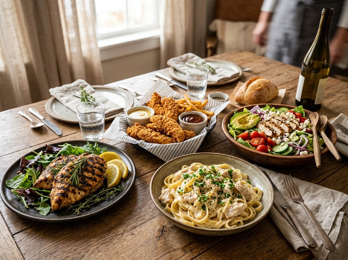 A variety of chicken breast dishes arranged on a wooden table, including grilled chicken, chicken pasta, chicken tenders, and chicken salad with fresh vegetables.