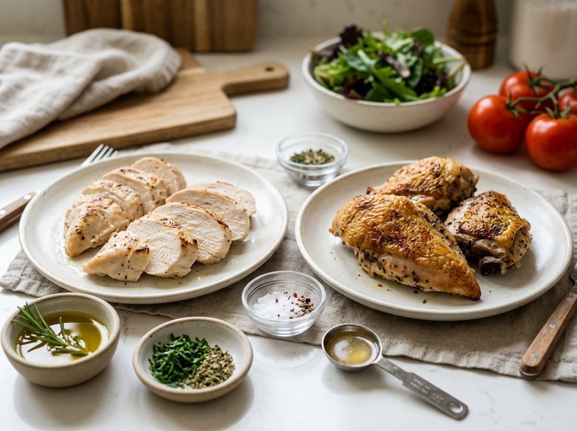 Two plates on a kitchen counter showing cooked skinless chicken breast on one and chicken breast with skin on the other, with small bowls of herbs and oil nearby.