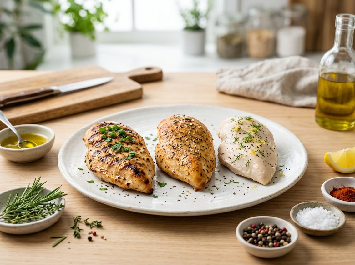 Three cooked chicken breasts prepared by grilling, baking, and poaching displayed on a white plate in a kitchen setting.