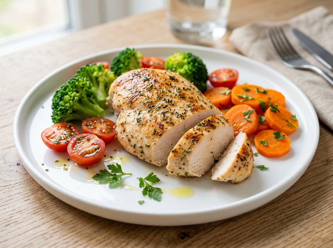A plate with a cooked chicken breast surrounded by fresh vegetables like broccoli, cherry tomatoes, and carrots.