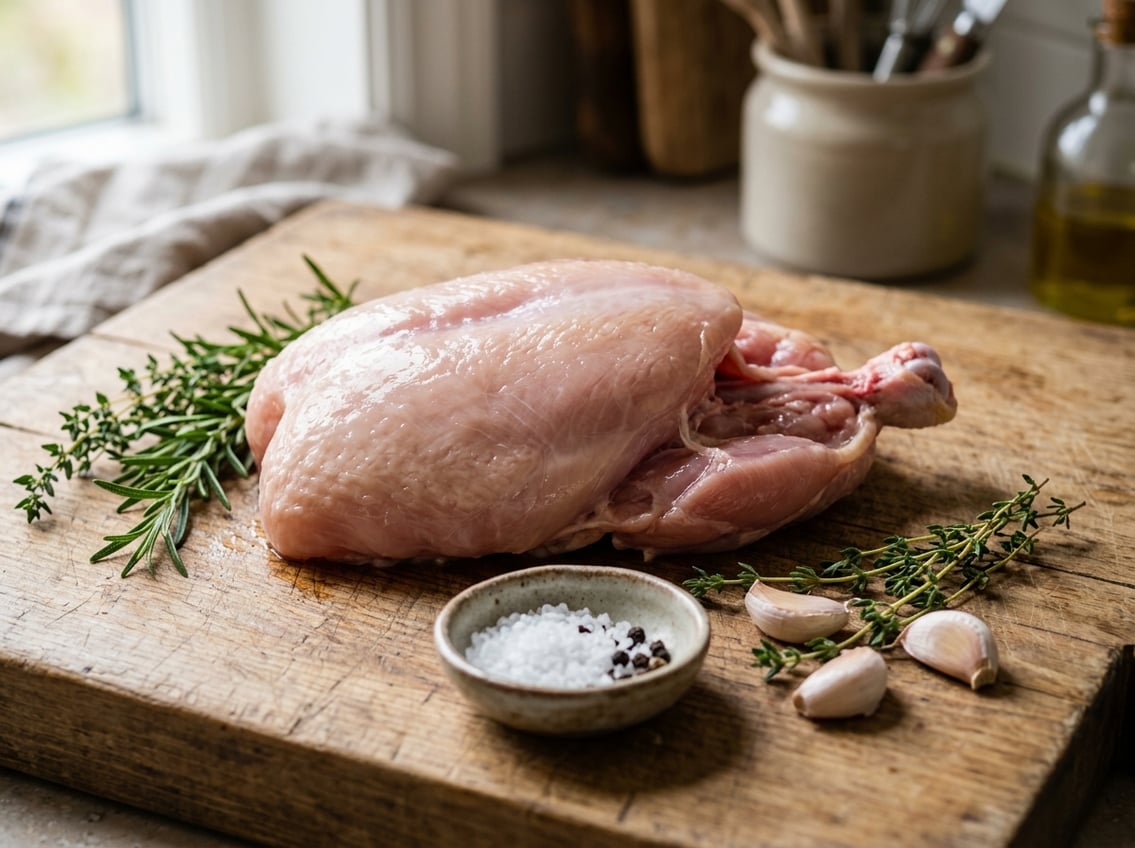 Close-up of raw chicken breast with rib meat on a wooden cutting board surrounded by herbs and garlic.
