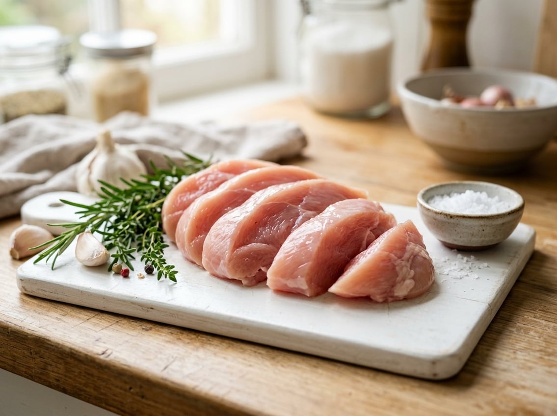 Fresh raw chicken breast with rib meat on a white cutting board surrounded by herbs and garlic in a bright kitchen.