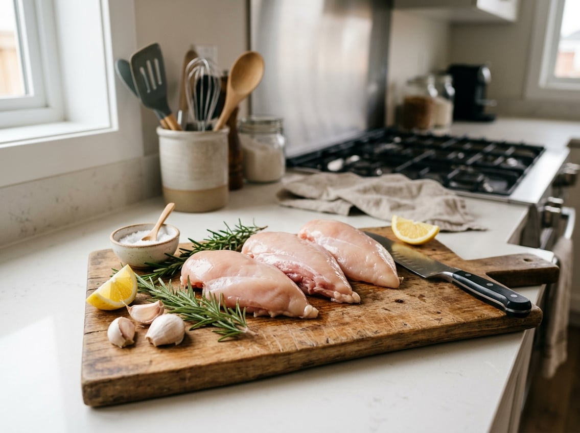 Fresh raw chicken breasts with rib meat on a cutting board surrounded by herbs, garlic, and lemon in a kitchen setting.