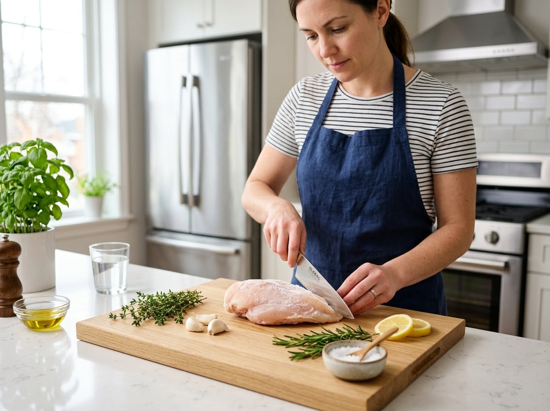 Person preparing frozen chicken breast on a cutting board in a bright kitchen with fresh ingredients nearby.