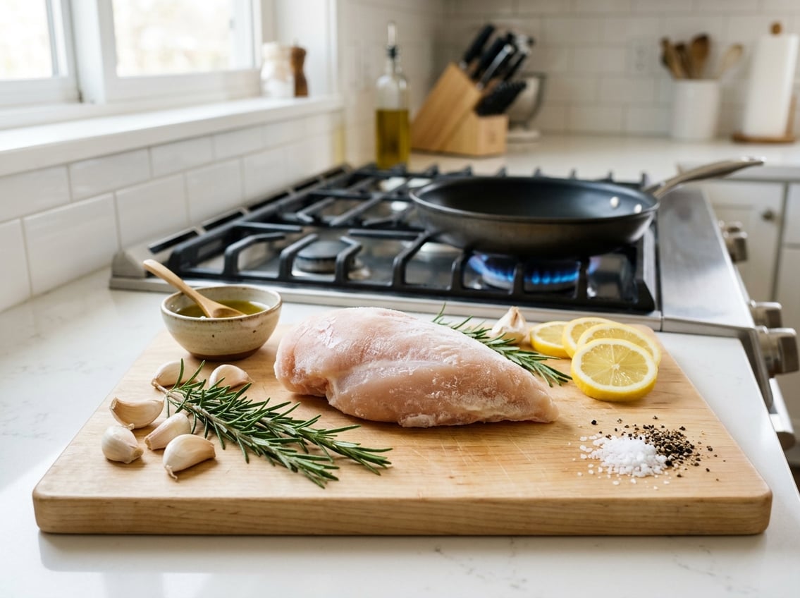 A raw frozen chicken breast on a cutting board surrounded by fresh herbs and cooking ingredients in a kitchen.