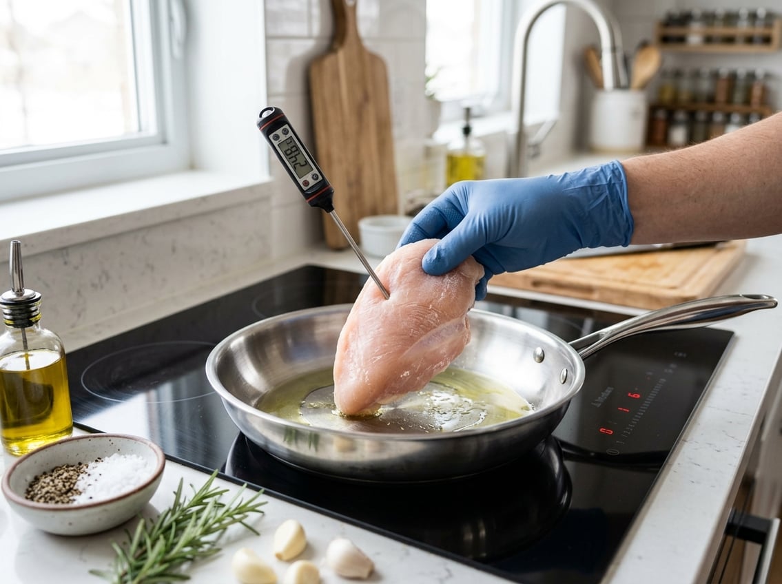Raw chicken breast in a frying pan with a kitchen thermometer, fresh herbs, and cooking ingredients on a stovetop.