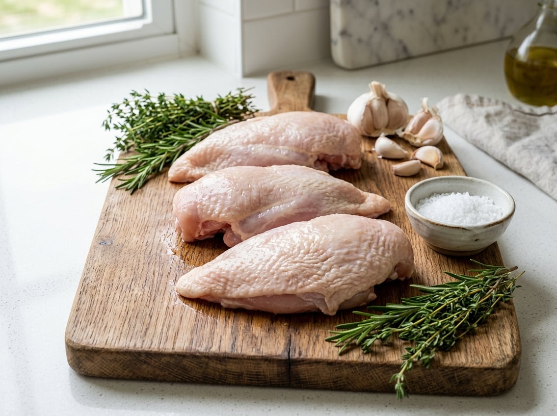 Raw chicken breasts with skin on placed on a wooden cutting board with herbs and garlic in a kitchen setting.
