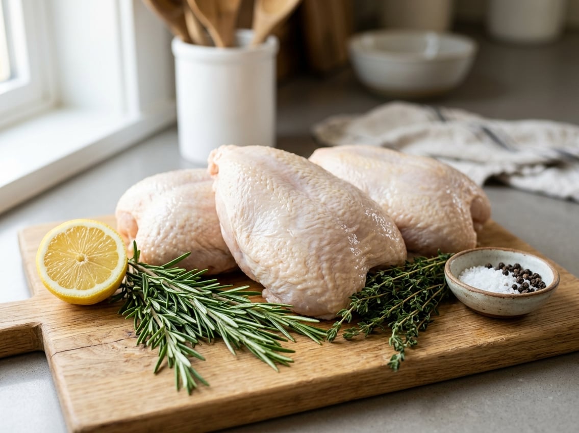 Raw chicken breasts with skin on a wooden cutting board surrounded by herbs, lemon, and spices in a kitchen setting.