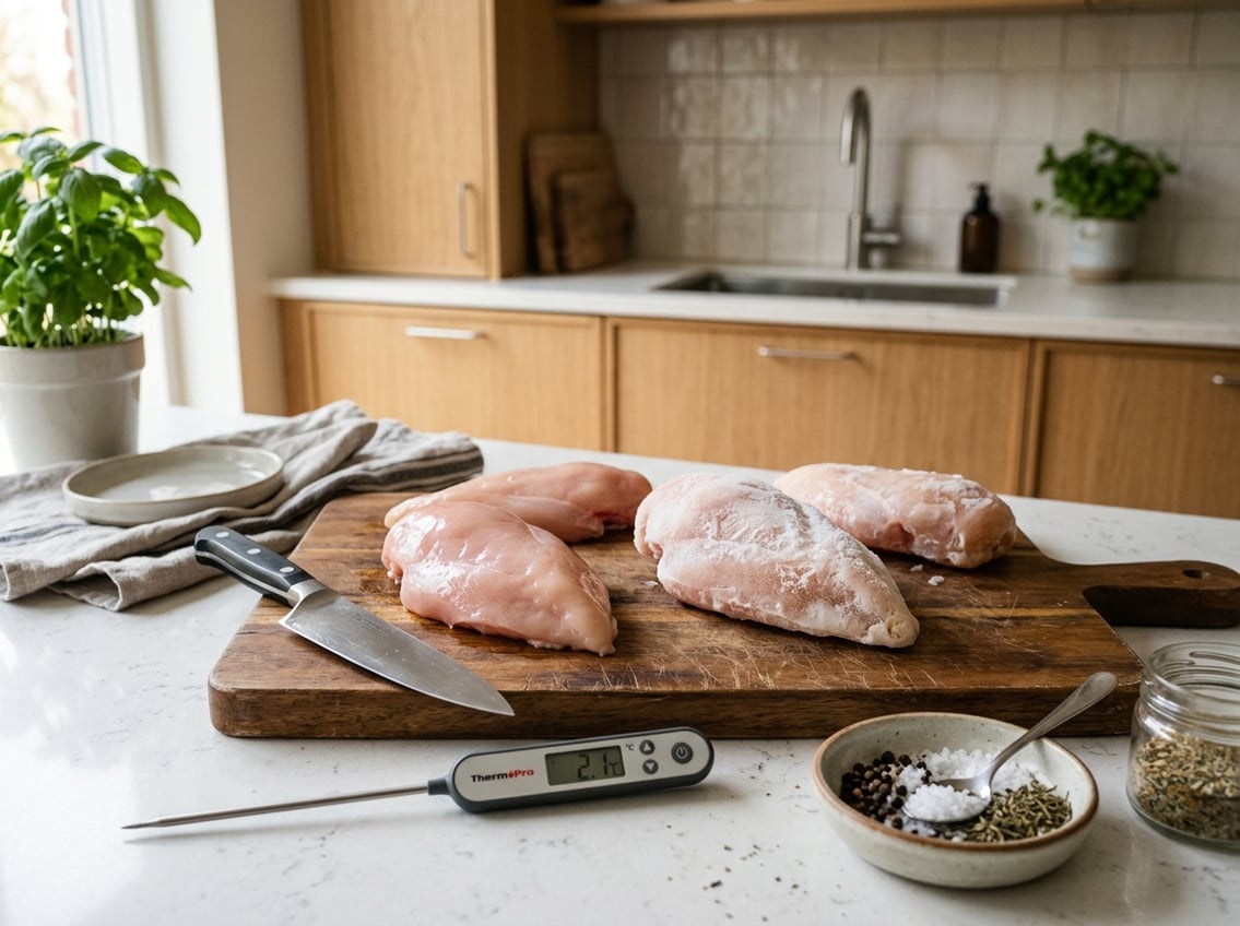 Raw chicken breasts on a cutting board in a kitchen, showing both frozen and thawed pieces with kitchen tools nearby.