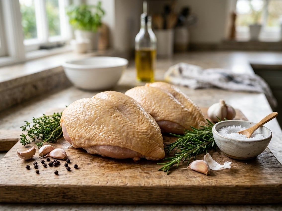 Fresh raw chicken breasts with skin on a wooden cutting board surrounded by herbs and garlic in a kitchen setting.