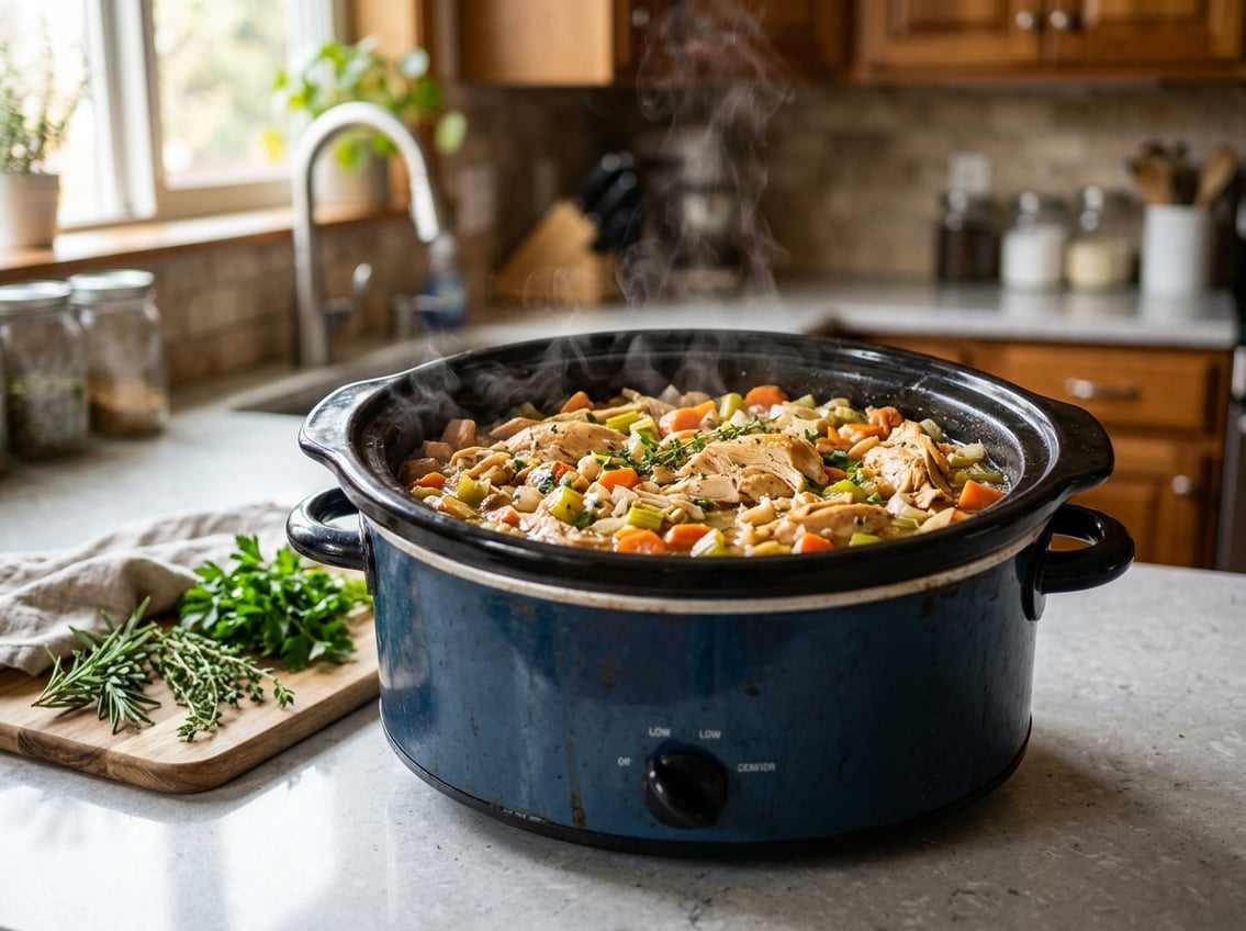Slow cooker with cooked chicken breast and vegetables on a kitchen countertop with fresh herbs nearby.
