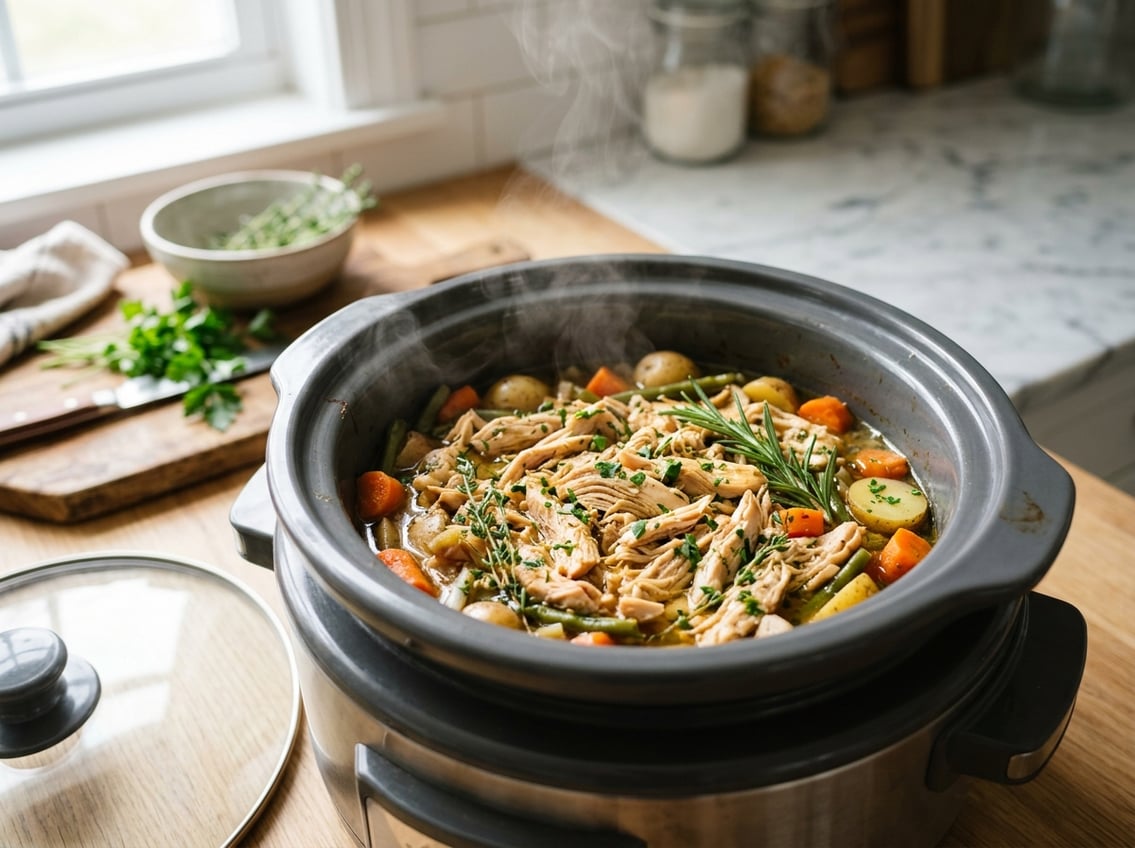 Slow cooker open with tender chicken breasts cooking alongside fresh herbs and vegetables in a kitchen setting.