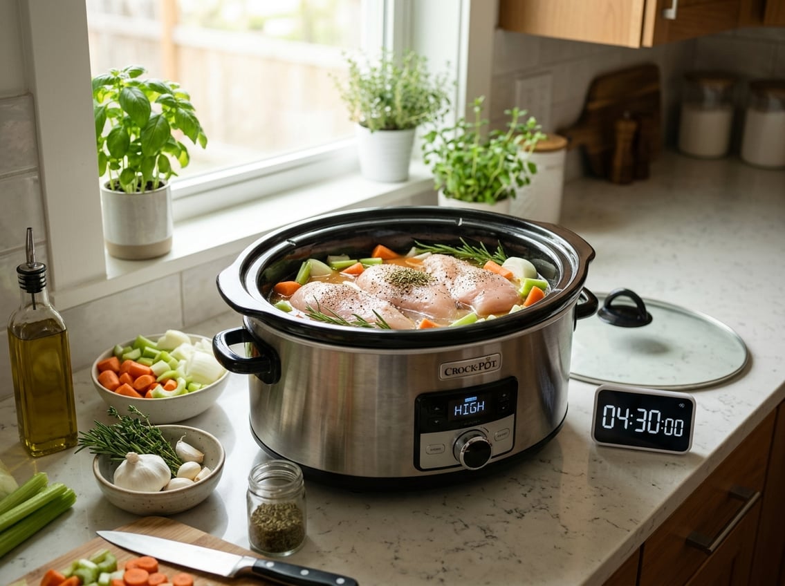 Slow cooker on a kitchen counter with raw chicken breasts inside, surrounded by fresh herbs and vegetables, with a kitchen timer nearby.