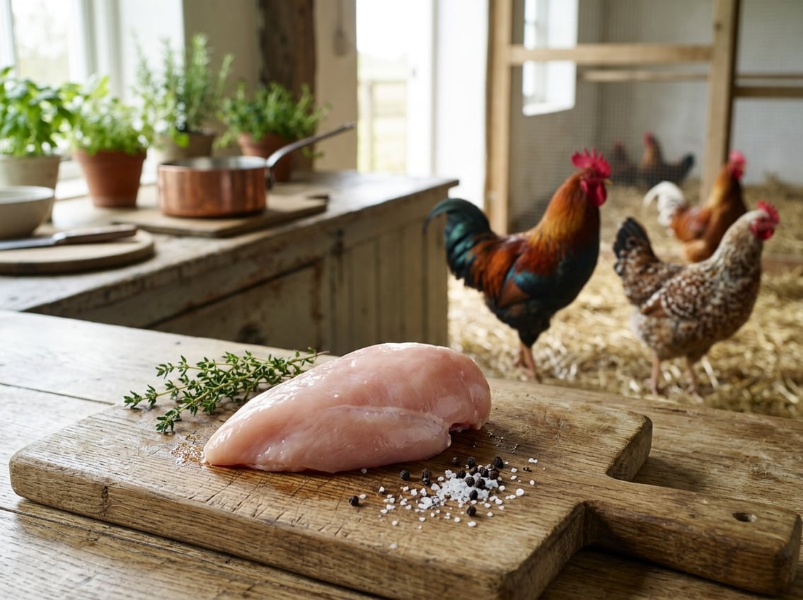 A raw chicken breast on a wooden cutting board with live roosters standing in the background in a kitchen setting.