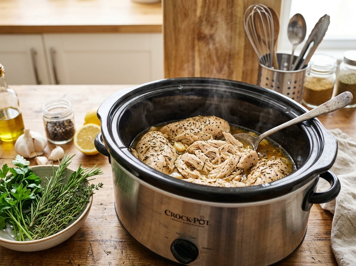Slow cooker with cooked chicken breasts surrounded by fresh herbs and vegetables on a kitchen countertop.