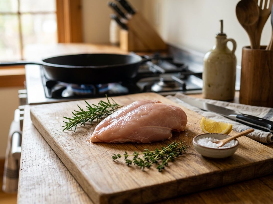 Close-up of raw rooster breast meat on a wooden cutting board with herbs, lemon, and kitchen utensils in the background.