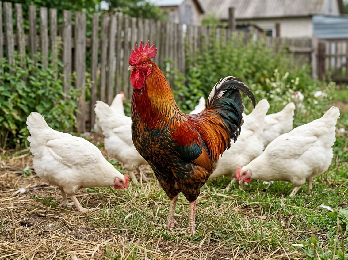 A rooster standing among white chickens on a farm with a wooden fence and green grass in the background.