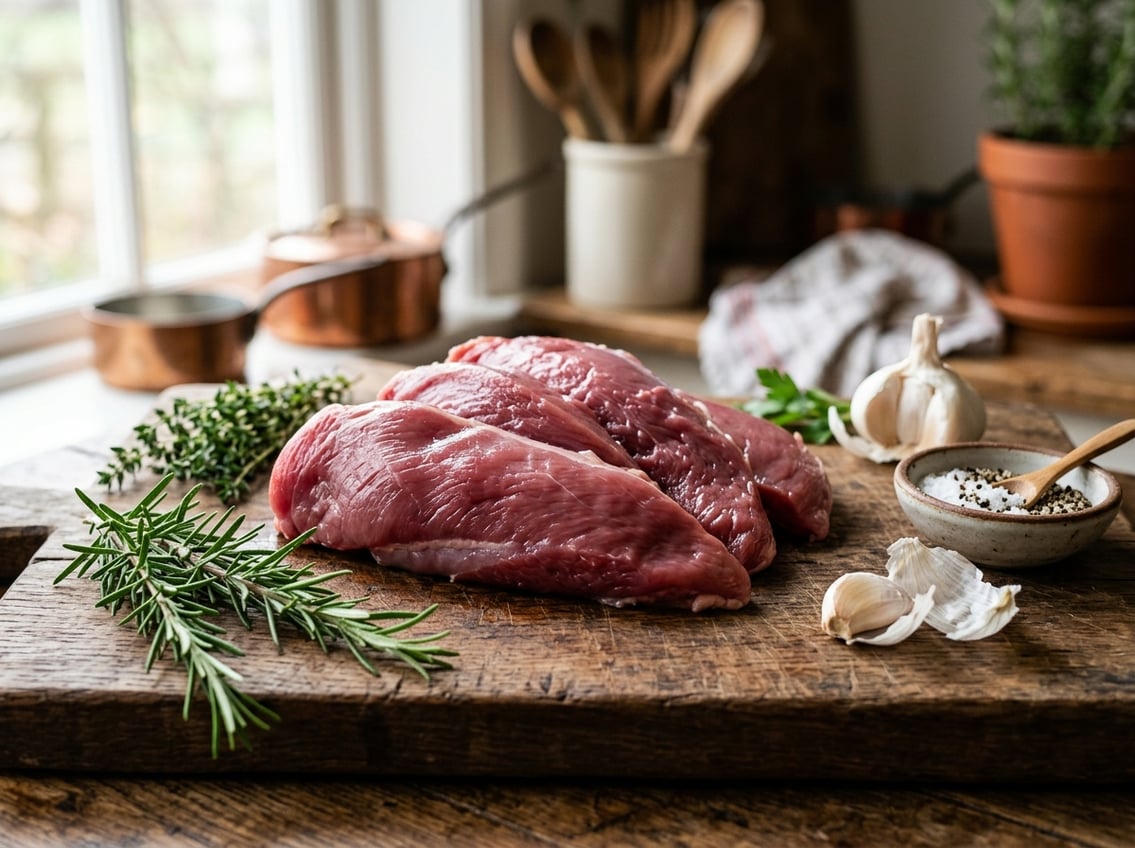 Fresh raw rooster breast meat on a wooden cutting board with herbs and spices in a kitchen setting.