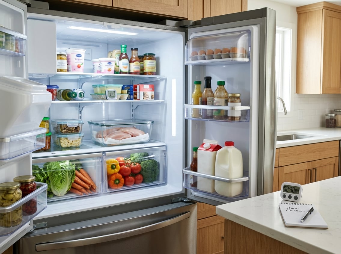 Open refrigerator with raw chicken breasts thawing inside a clear container on a middle shelf in a clean, organized kitchen.