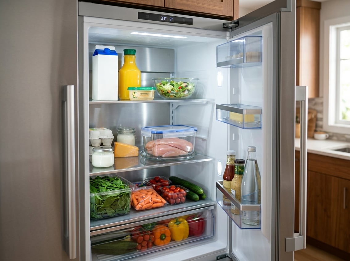 Raw chicken breasts placed on a glass shelf inside a clean, open refrigerator in a kitchen.