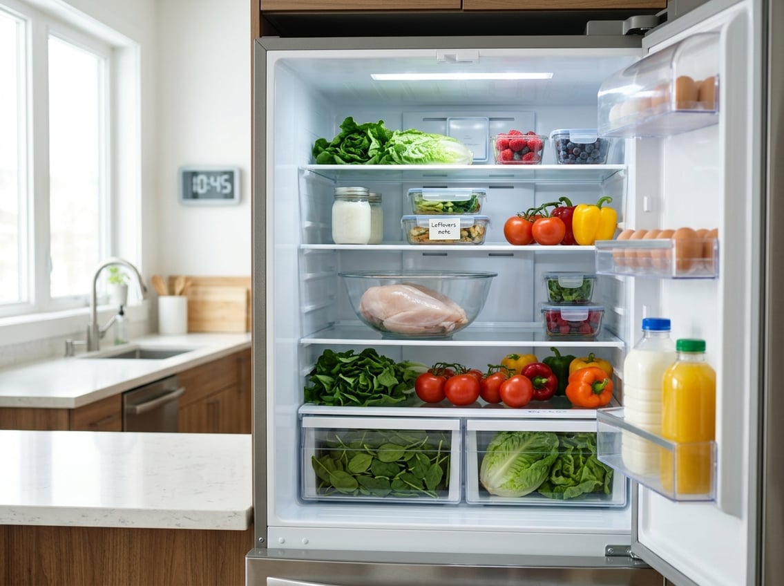 Raw chicken breast thawing in a glass bowl inside an open refrigerator in a clean kitchen.