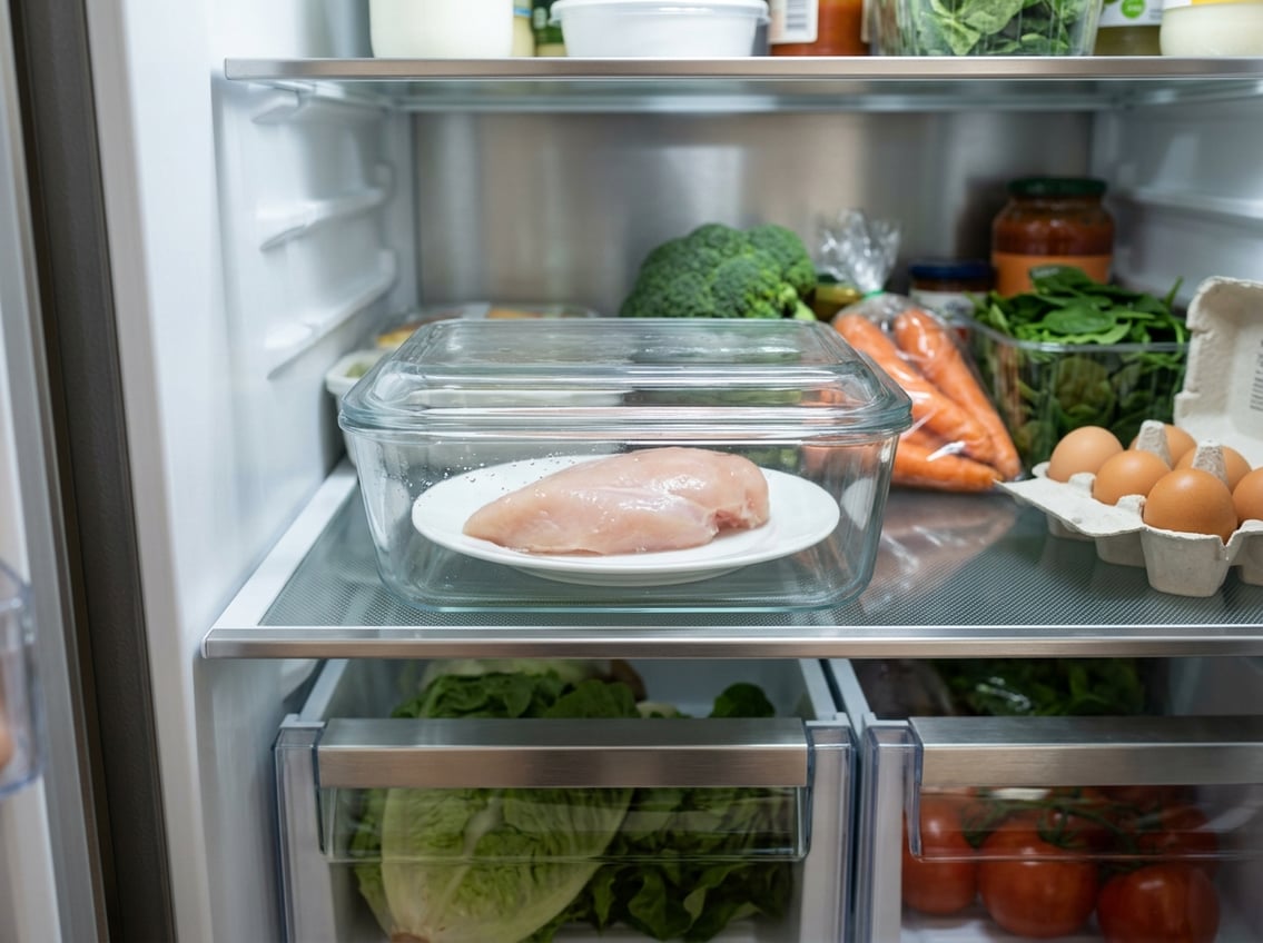 Raw chicken breast in a glass container inside a refrigerator with fresh vegetables in the background.