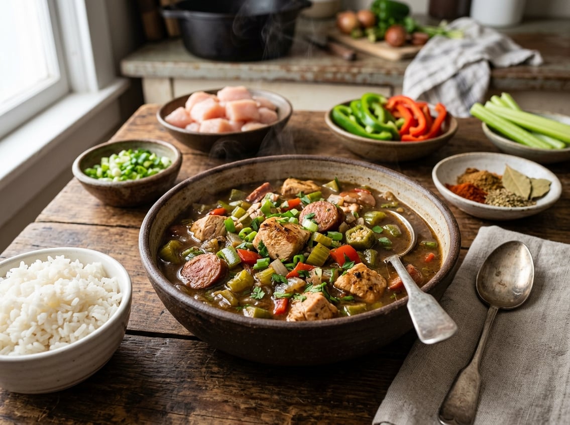 A bowl of gumbo with chicken breast, sausage, vegetables, and rice on a wooden table with fresh ingredients nearby.