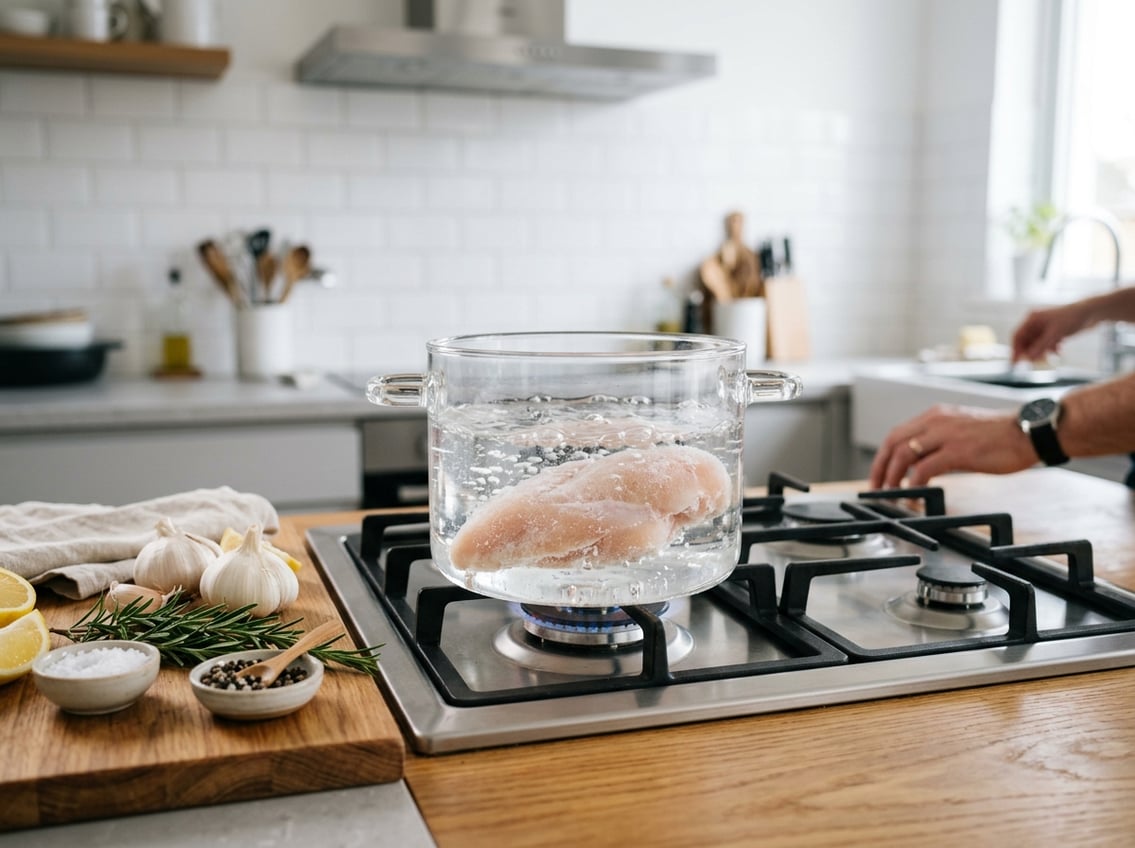 A kitchen scene showing a glass pot boiling water with a chicken breast inside on a stovetop, surrounded by fresh herbs and lemon on a wooden countertop.