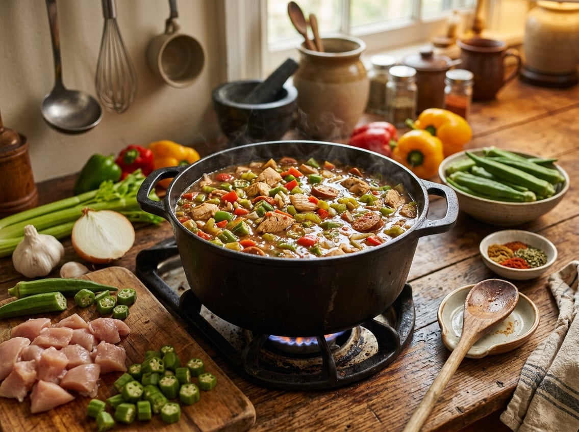 A pot of gumbo cooking on a stove with chicken breast and vegetables, surrounded by fresh ingredients on a wooden countertop in a kitchen.