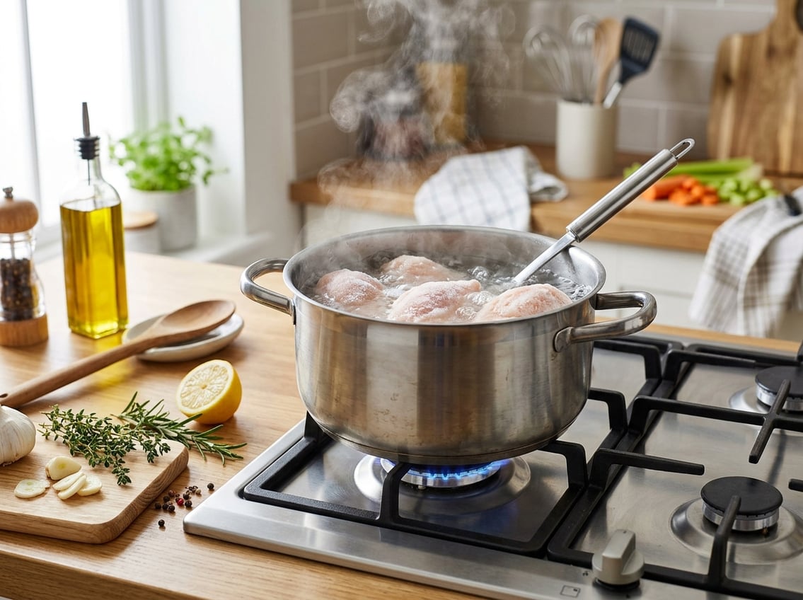 A pot of boiling water on a stove with frozen chicken breasts inside, surrounded by fresh cooking ingredients on a kitchen counter.
