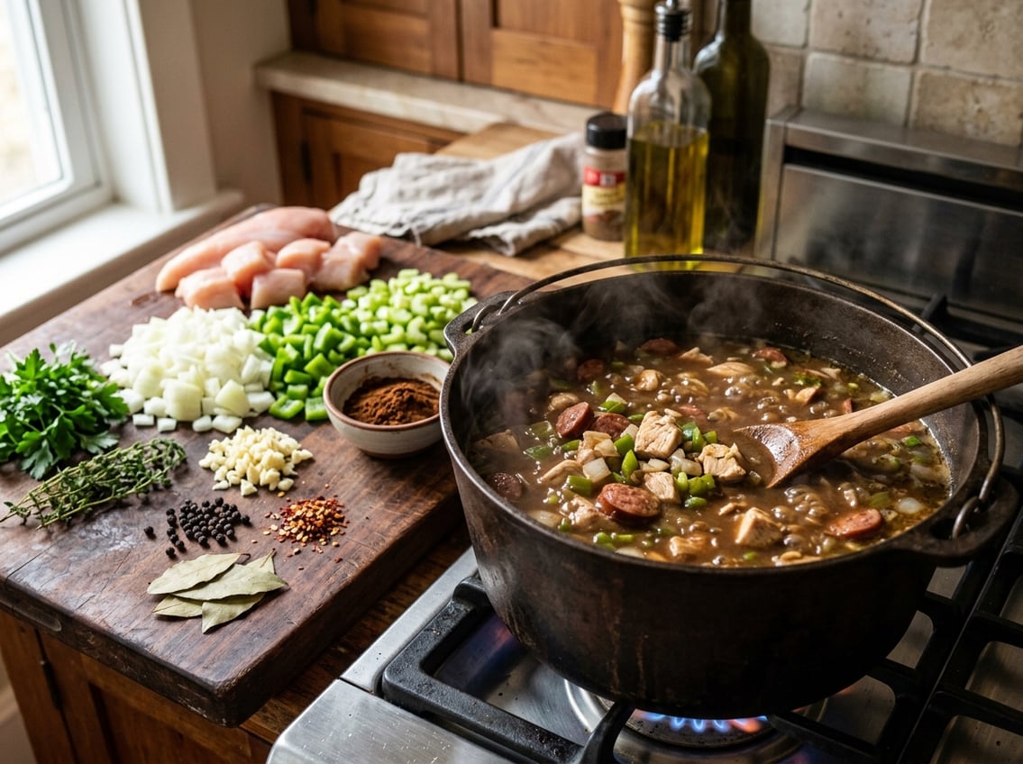 A kitchen scene showing a pot of gumbo cooking on the stove with fresh chicken breasts and vegetables nearby.