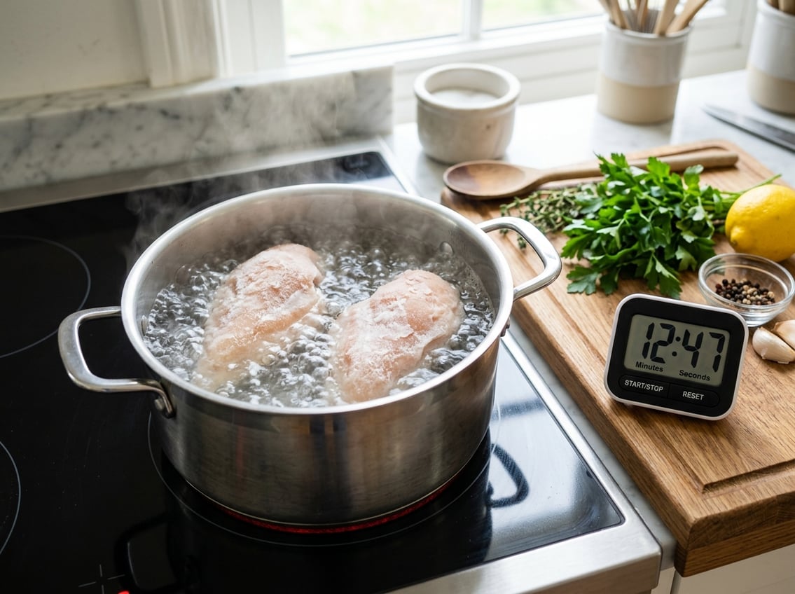 A pot of boiling water on a stove with frozen chicken breasts inside and a kitchen timer nearby, surrounded by fresh herbs and lemon on a cutting board.