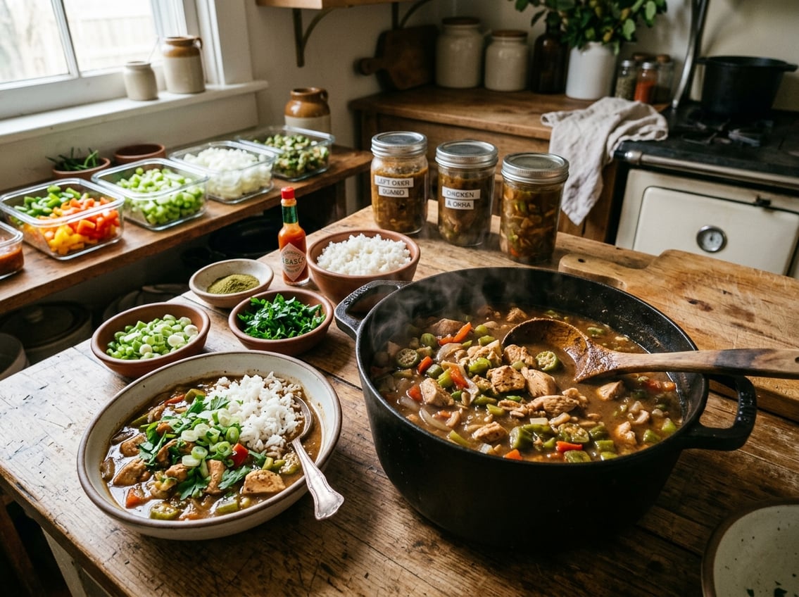 A steaming pot of chicken gumbo on a wooden countertop with bowls of rice and fresh herbs nearby, and glass containers with stored ingredients in the background.