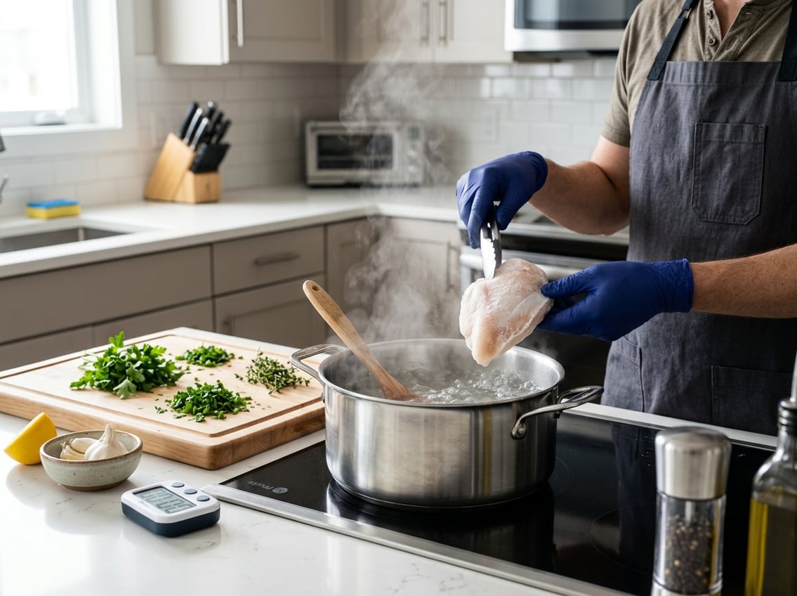 A person holding a frozen chicken breast over a pot of boiling water in a kitchen setting.