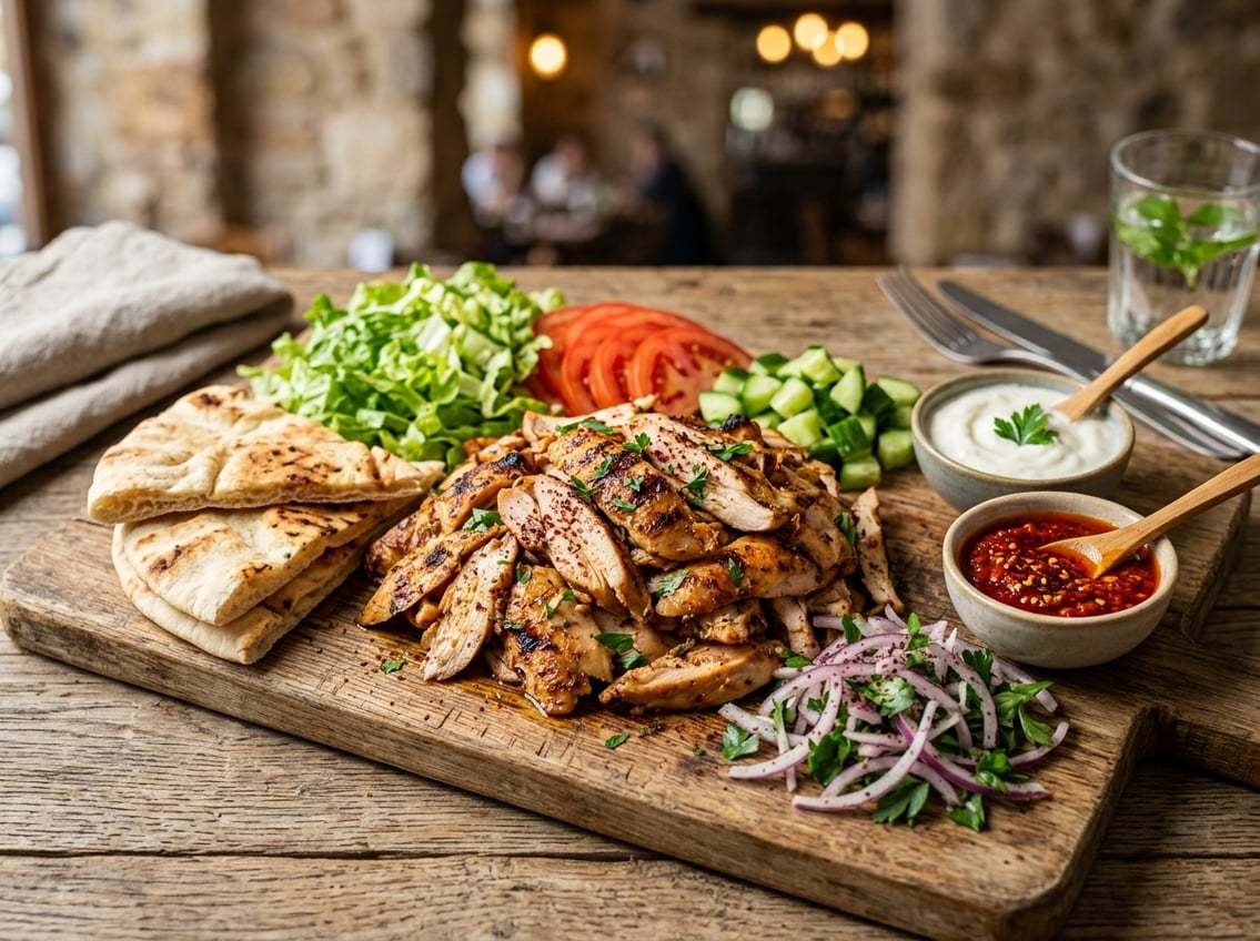 A platter of sliced chicken breast shawarma with pita bread, fresh vegetables, and dipping sauces on a wooden board.