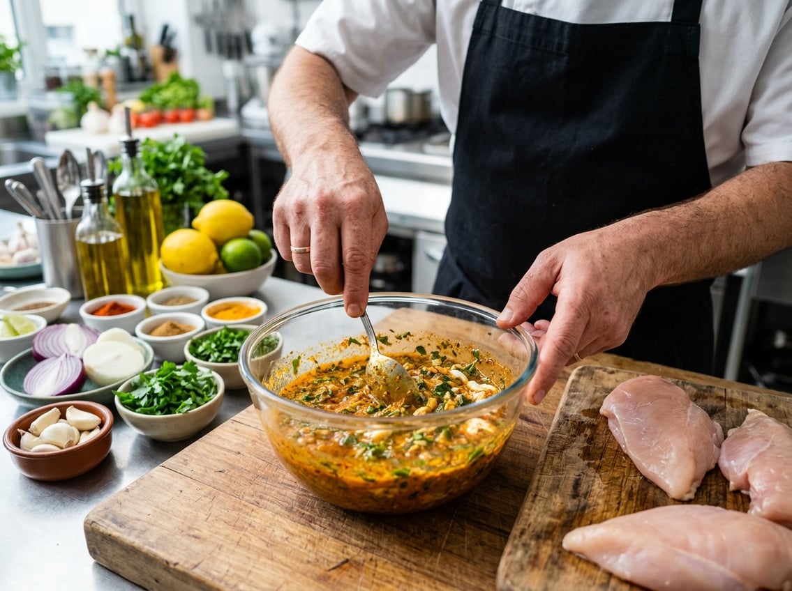 Chef preparing a flavorful marinade with spices and fresh ingredients next to raw chicken breasts in a kitchen.