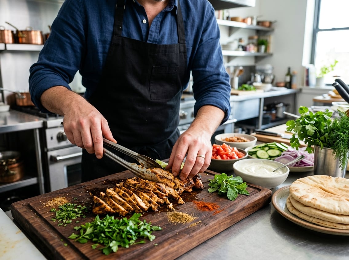 Hands preparing sliced chicken breast with fresh herbs and vegetables for shawarma in a kitchen.