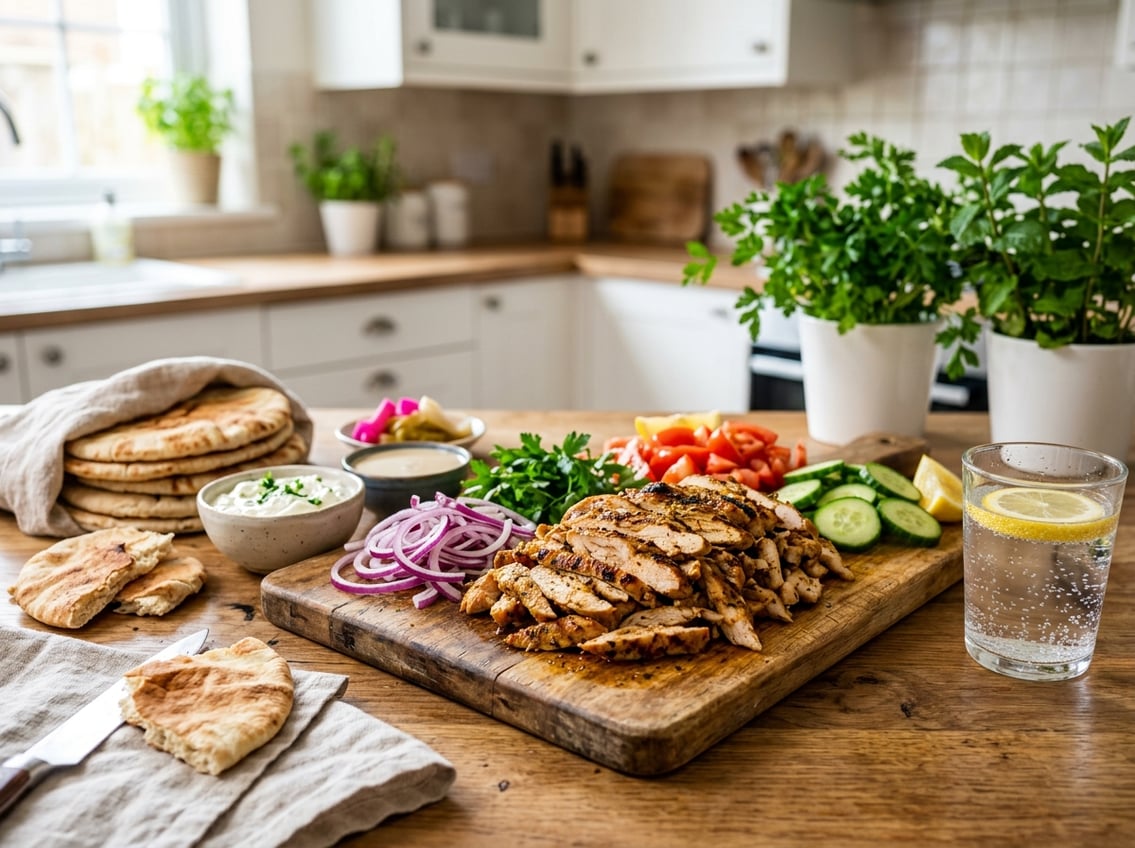 A kitchen countertop displaying sliced chicken breast shawarma with fresh vegetables, pita bread, and dipping sauces.