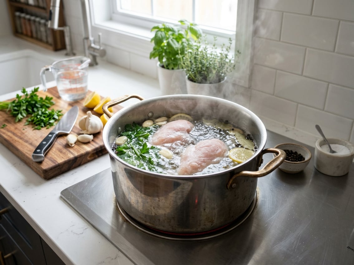 A kitchen stove with a pot of boiling water containing frozen chicken breasts, surrounded by fresh cooking ingredients on the countertop.