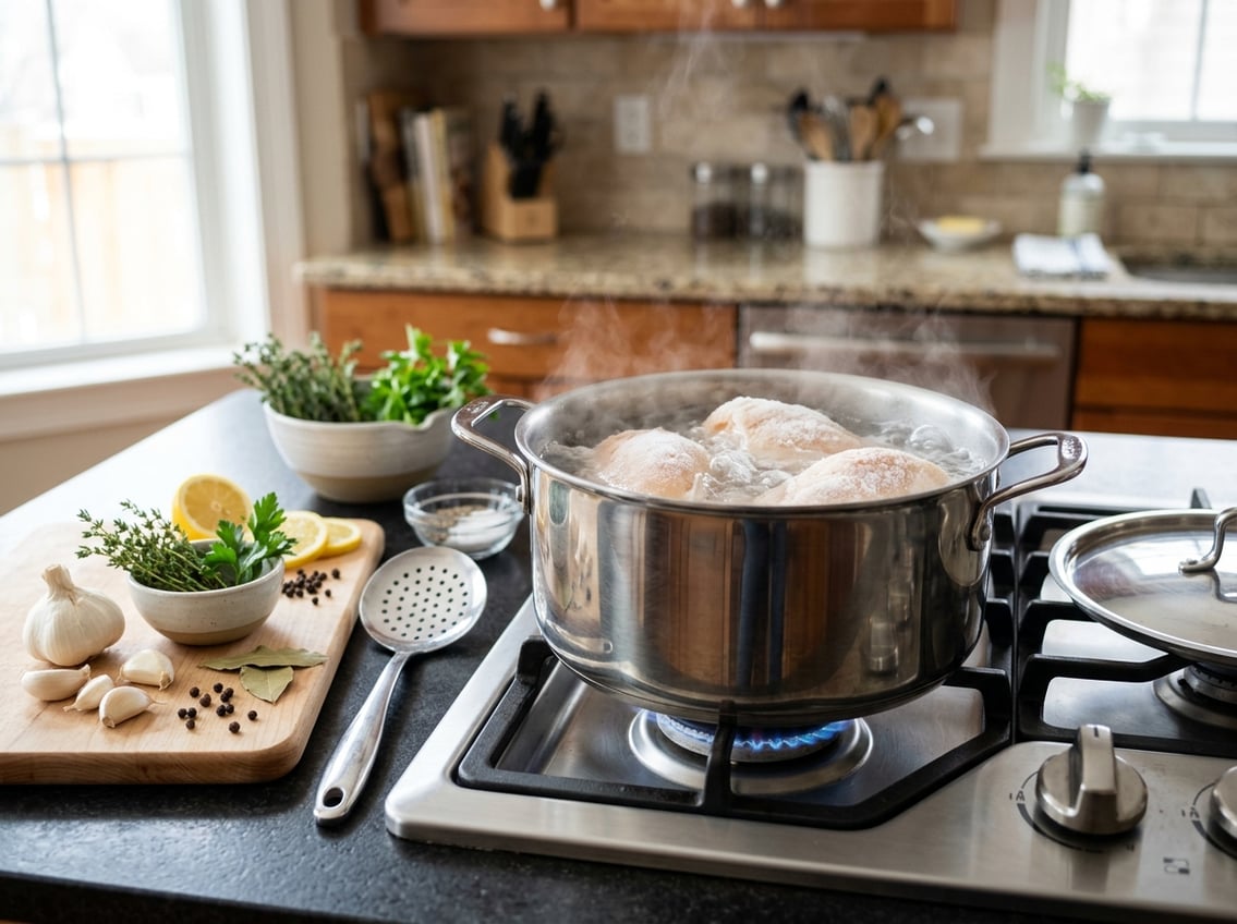 A kitchen stove with a pot of water boiling frozen chicken breasts, surrounded by fresh herbs and ingredients on the countertop.