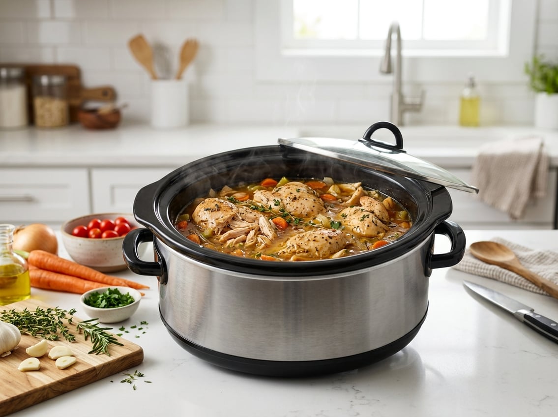 Slow cooker on a kitchen countertop with chicken breasts cooking inside, surrounded by fresh ingredients and kitchen utensils.