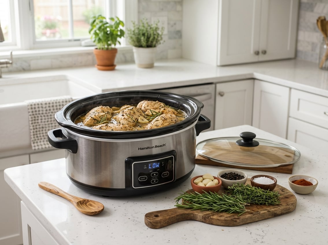 Slow cooker with chicken breasts cooking on a kitchen countertop surrounded by fresh herbs and spices.