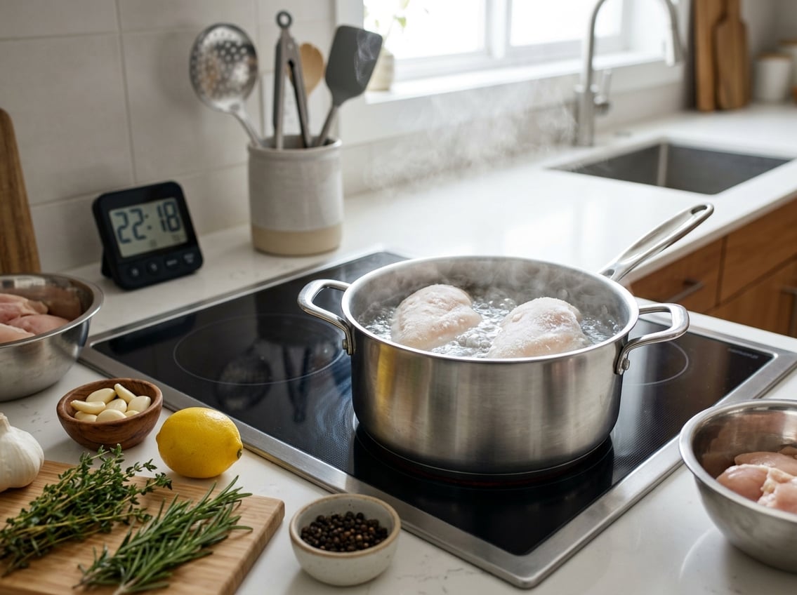 A kitchen stovetop with a pot of boiling water containing frozen chicken breasts, surrounded by fresh herbs and cooking ingredients on the countertop.