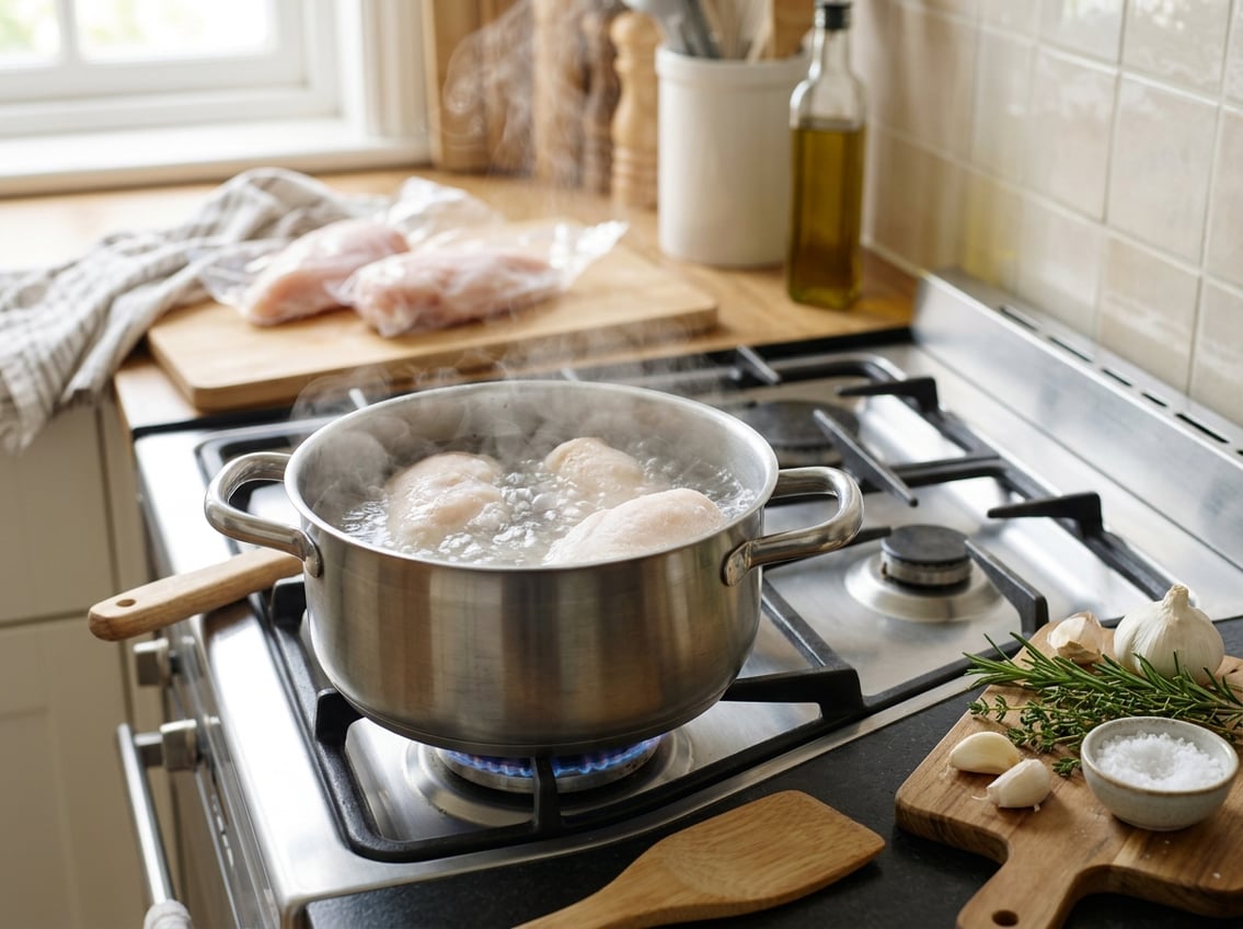 A kitchen scene with a pot of boiling water containing frozen chicken breasts on the stove, surrounded by fresh herbs and cooking ingredients.