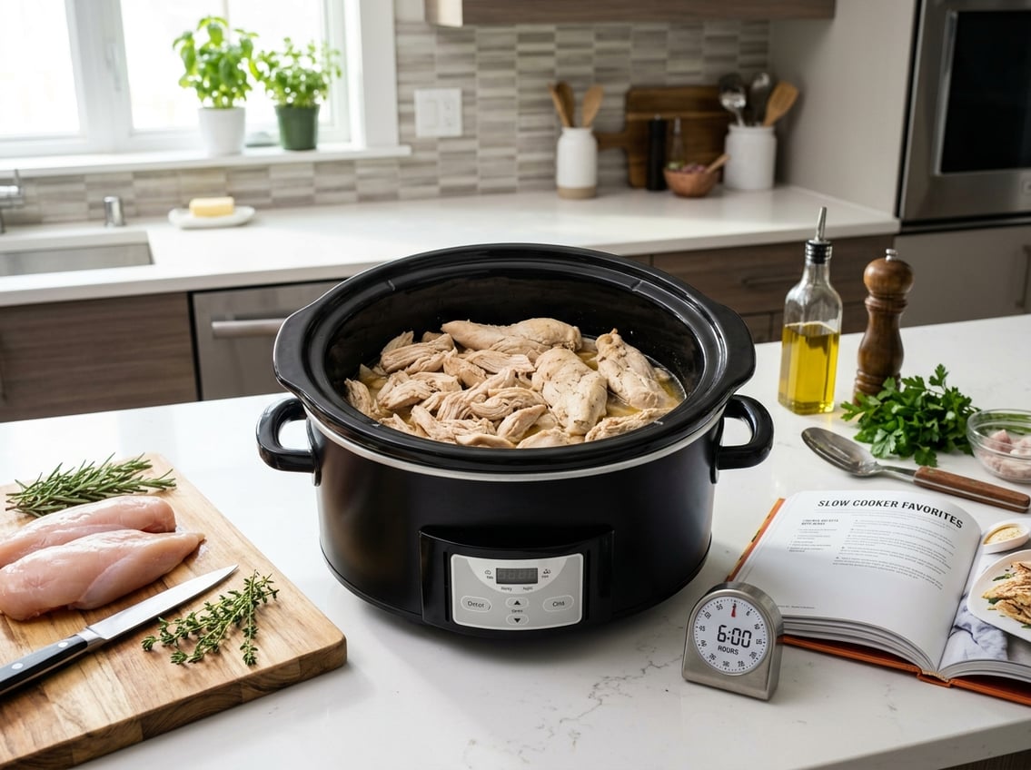 Slow cooker with cooked chicken breast that looks dry and rubbery on a kitchen countertop with fresh herbs and cooking utensils nearby.