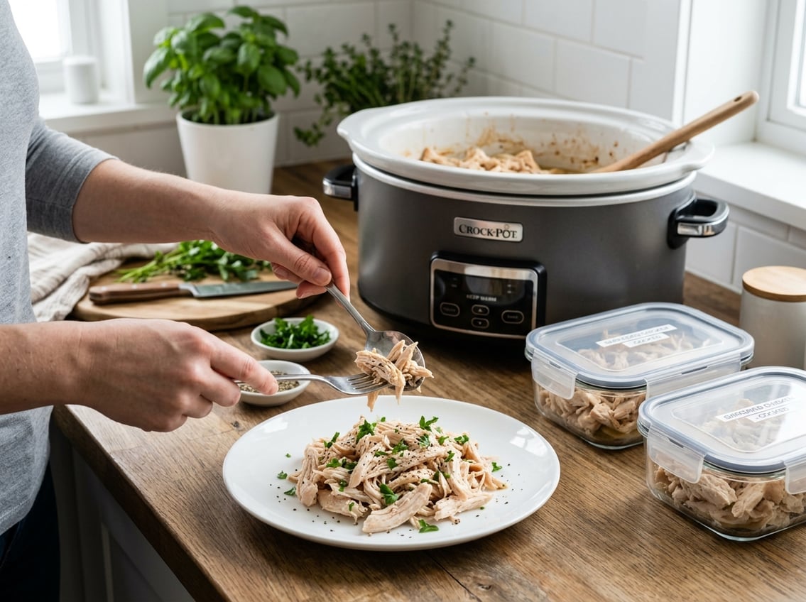 Hands serving shredded cooked chicken breast from a slow cooker onto a plate with glass containers of stored chicken nearby on a kitchen countertop.