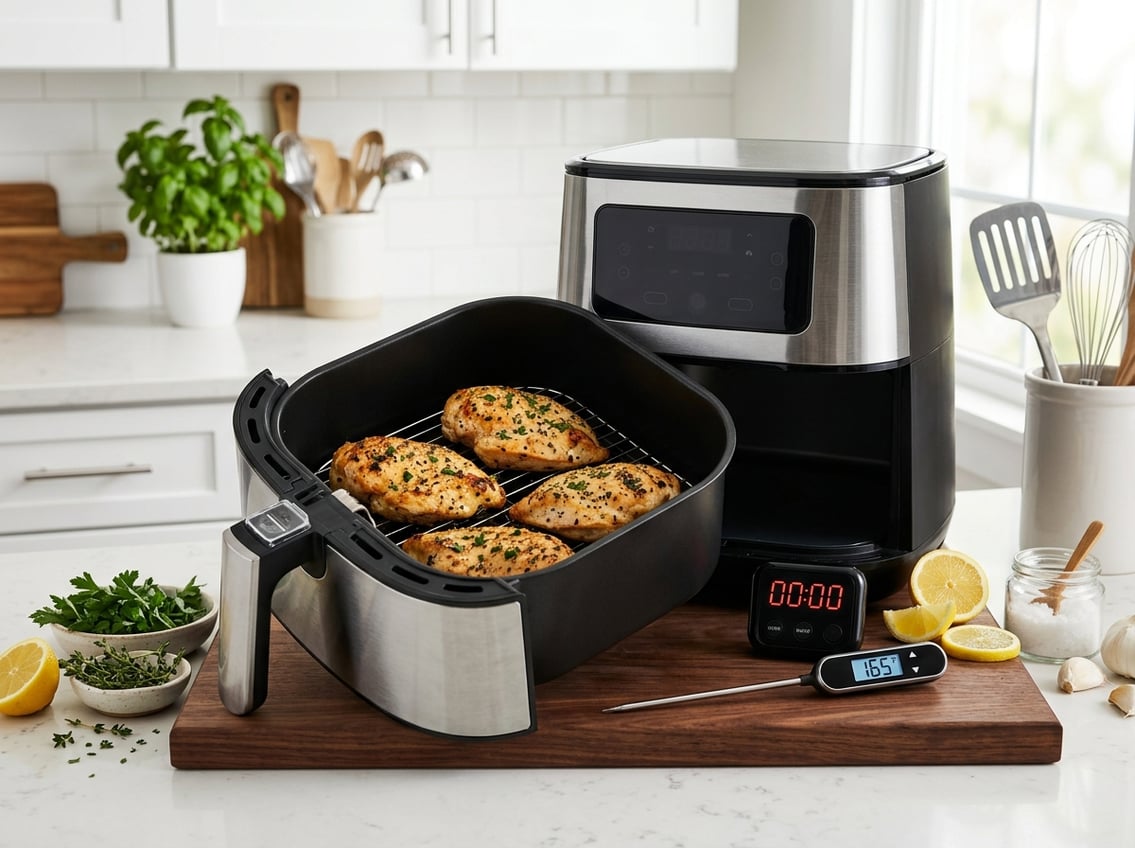 Close-up of cooked chicken breasts in an air fryer basket on a kitchen counter with a digital timer and thermometer nearby, surrounded by fresh herbs and lemon slices.
