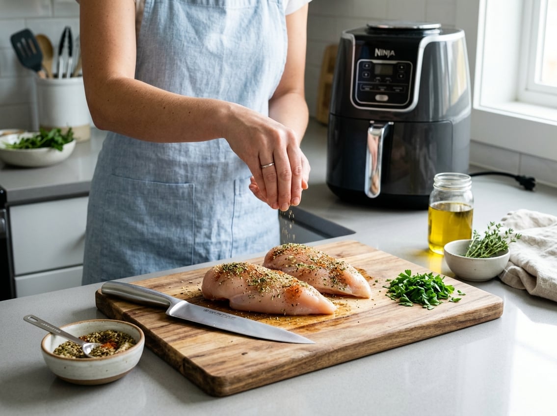 Hands seasoning raw chicken breasts on a kitchen countertop with an air fryer in the background.