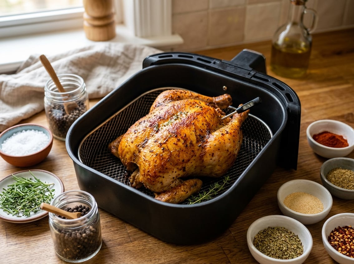 A cooked chicken breast in an air fryer basket surrounded by bowls of various seasonings on a kitchen countertop.